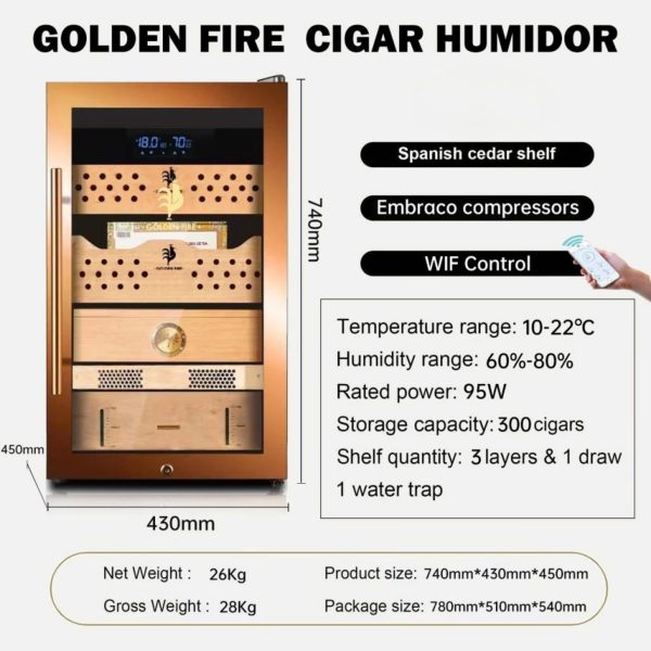 Tủ xì gà Golden Fire 300 điếu RA-224 (tên cũ A70), kết nối wifi quản lý bằng điện thoại