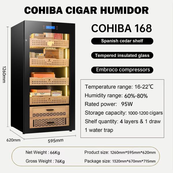 Tủ bảo quản xì gà Cohiba 168 tự động bù ẩm, nhiệt độ. Sức chứa 600 - 800 điếu xì gà.