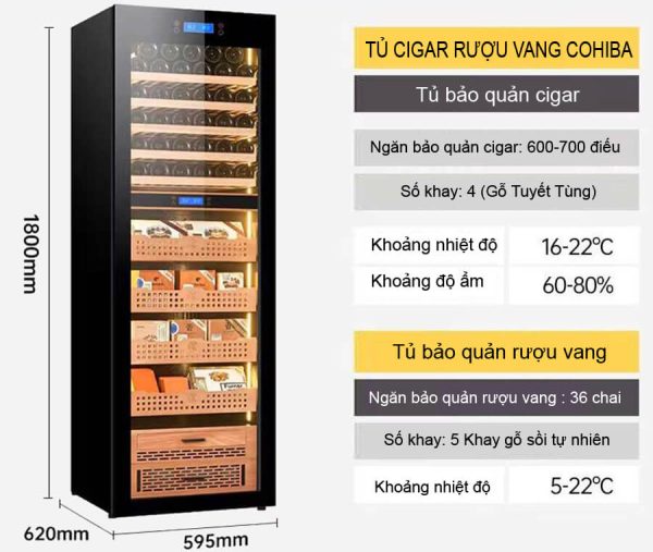 Tủ xì gà rượu vang 2 trong 1 Cohiba H2163 sức chứa 500 điếu xì gà 30 chai rượu vang